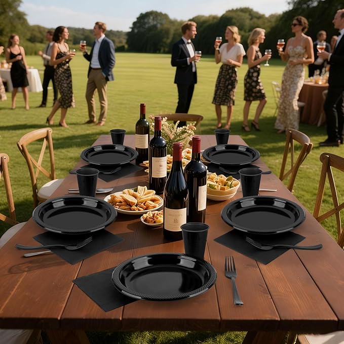 200pcs Black Plastic Party Plates Set, Disposable Black Plates and Napkins for Party, 50 Of Each 9" Dinner Plate, Napkins, Cups & Cutlery Plastic Dinnerware for Retirement, Graduation, Birthday, BBQ