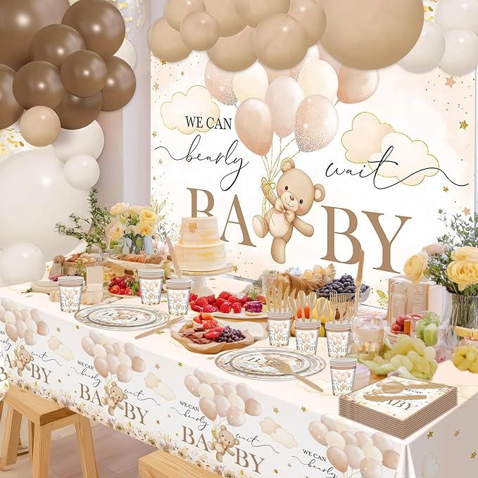 270 Pcs We Can Bearly Wait Baby Shower Decorations: Bear Baby Shower Banner Balloons Disposable Bear Themed Plates and Napkins Cups Tablecloth, Serve 24