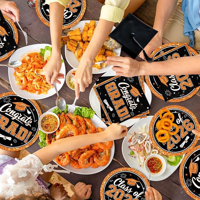 Graduation Decorations 2026 Graduation Party Plates and Napkins Set Black Orange Class of 2026 Graduation Party Supplies for Congrats Grad Party Decor, Serve 50