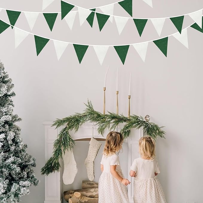 46Ft Green White Party Decorations Dark Green White Burlap Banner Triangle Pennant Flag Linen Garland Streamers for Master Golf Birthday Baby Shower Rustic Camping Jungle Golf Party Decorations