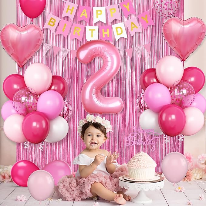 2nd Birthday Decorations for Girls, Hot Pink Balloons with Happy Birthday Banner, Fringe Curtain, Cake Topper, Glue, Ribbon