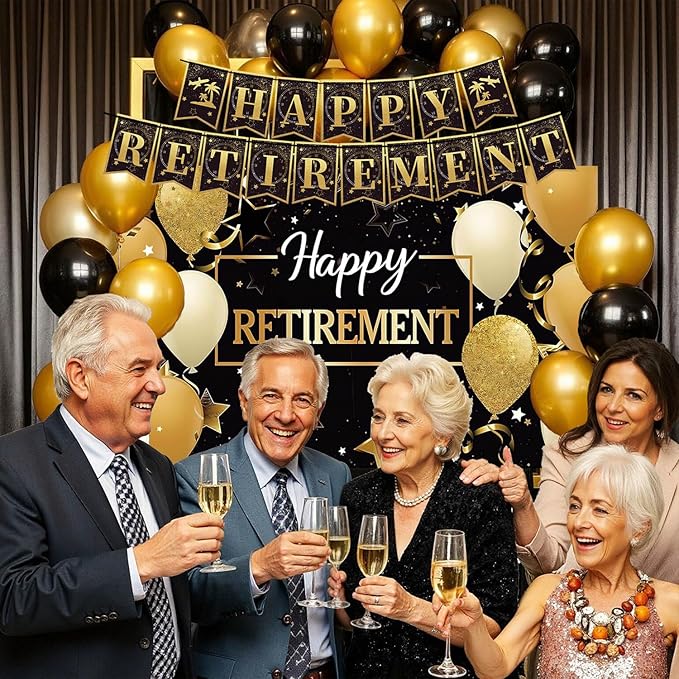 Retirement Party Decorations Includes Banner, Backdrop, Cake Topper, Hanging Swirls, Tablecloth, Honeycomb Centerpiece for Happy Retirement Decorations