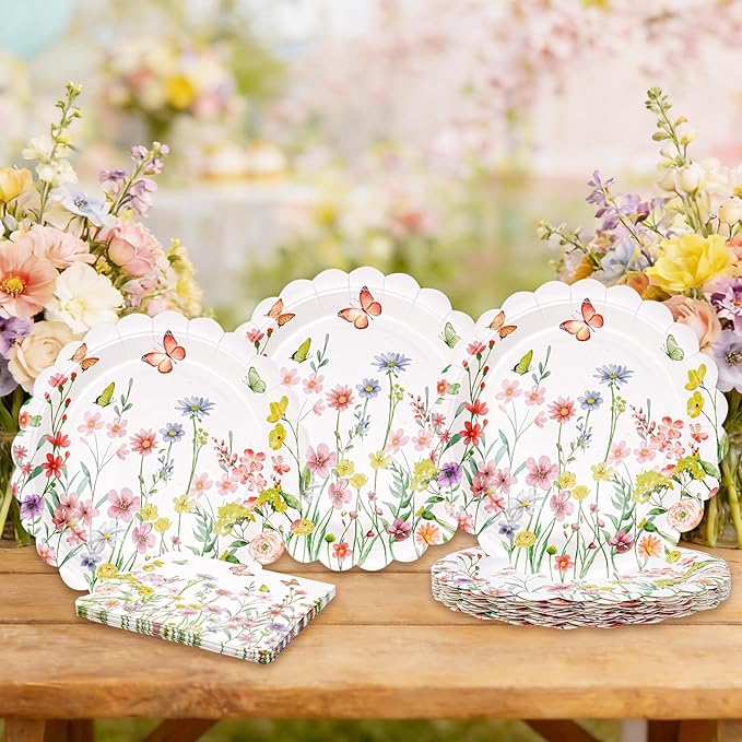 Wildflower Party Plates and Napkins Set - 40 Pcs Spring Disposable Tableware for 20 Guests, 9 Inch Floral Paper Plates & Butterfly Napkins for Baby Shower, Garden Party & Birthday Decorations