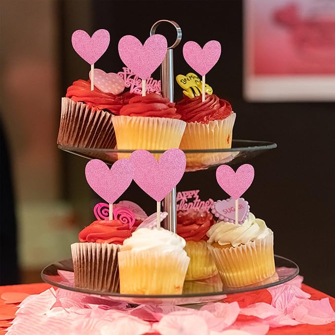 30 PCS Heart Cupcake Toppers Glitter Sweet Love Theme Cupcake Picks Wedding Engagement Bridal Shower Birthday Valentine's Day Party Cake Decorations Supplies Mixed Size Pink