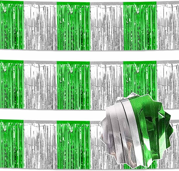 3 Pack 10 Ft Silver Green Foil Fringe Garland Metallic Streamers Tinsel Banner Wall Hanging Garland Backdrop for Parade Floats, Halloween, Christmas, Thanksgiving, New Year Party Decorations