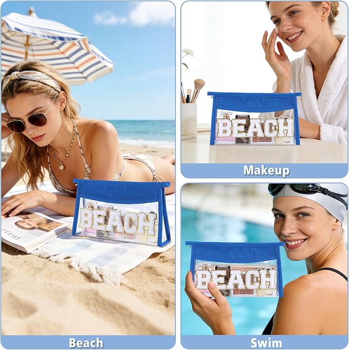 Beach Pouch Sunscreen Clear Makeup Bag Chenille Letter Beach Cosmetic Pouch Summer Essential Cute Toiletry Pouch Travel Accessories Gifts for Women