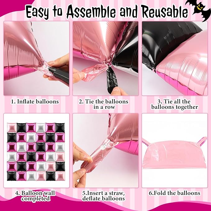 36 Pcs Black Pink Decorations Balloons Brick Square Foil Balloon Wall Backdrop Arch Kit Double Sided Metallic for Cartoon Video Game Birthday Party Supplies (Black Pink Silver)