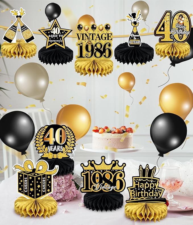 9 Pcs 40th Birthday Decoration for Men Women Happy 40th Birthday Table Decorations Cheers to 40th Honeycomb Centerpieces Birthday Party Decorations Black and Gold 40th Birthday Party Favors
