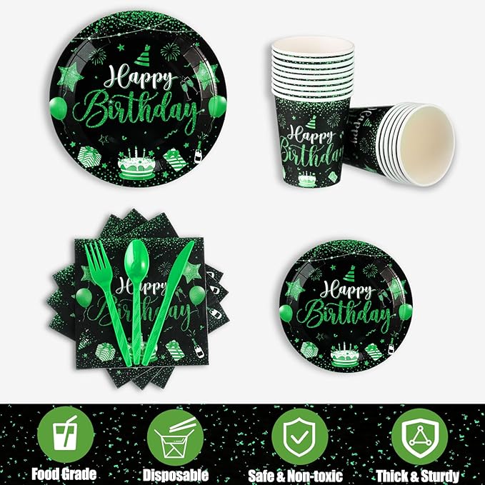 Vesici 171 Pcs Happy Birthday Party Supplies 24 Set Disposable Party Tableware include Plates Cups Napkins Cutlery and Banner Tablecloth Birthday Dinner Decorations for Men Woman(Black, Green)