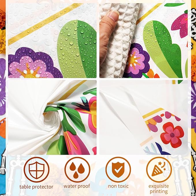 Oudain Fiesta Tablecloth 108 x 54 Inch Plastic Tablecover Mexican Waterproof Tablecloth Disposable Table Cover for Taco Night Festive Mexican Fiesta Wedding Party Decoration (White 2,6 Pcs)