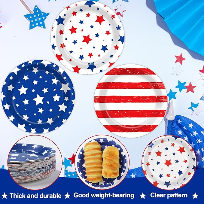 60pcs 4th of July Party Supplies Set American Flag Patriotic Party Paper Plates Disposable Red White Blue Star Dinnerware for Veterans Election Day 4th of July Independence Day Decorations Serve 60