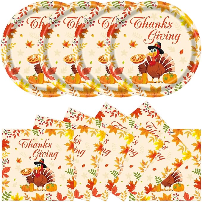 40Pcs Thanksgiving Paper Plates and Napkins Party Supplies, Disposable Fall Turkey Plates Napkins Dinnerware Set for Autumn Theme Friendsgiving Party Decorations
