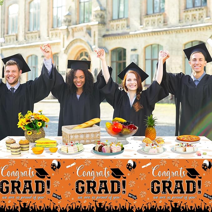 12Pack Graduation Tablecloth Party Decorations, Class of 2026 Congrats Grad Plastic Tablecover Party Supplies, Orange Rectangle Graduation Table Decorations for College High School Party, 54 x 108Inch