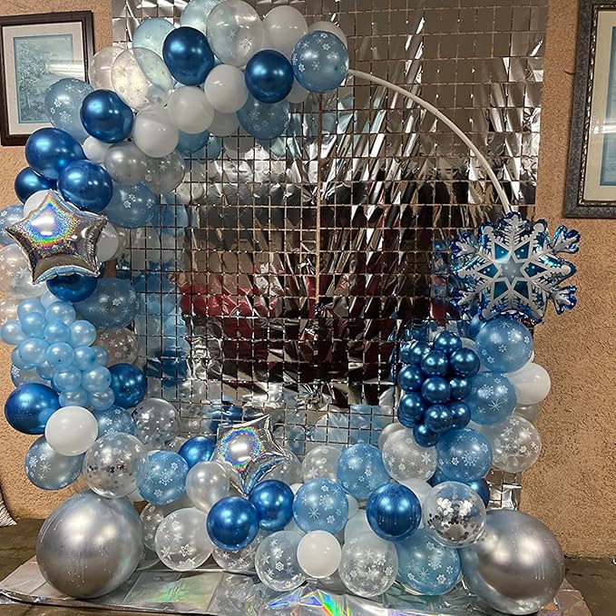 Snowflake Balloon Garland Arch Kit Winter Snowflake Balloons with Silver Blue White Snow Confetti Latex Balloon for Winter Wonderland Christmas Baby Shower Princess Birthday Party Decor