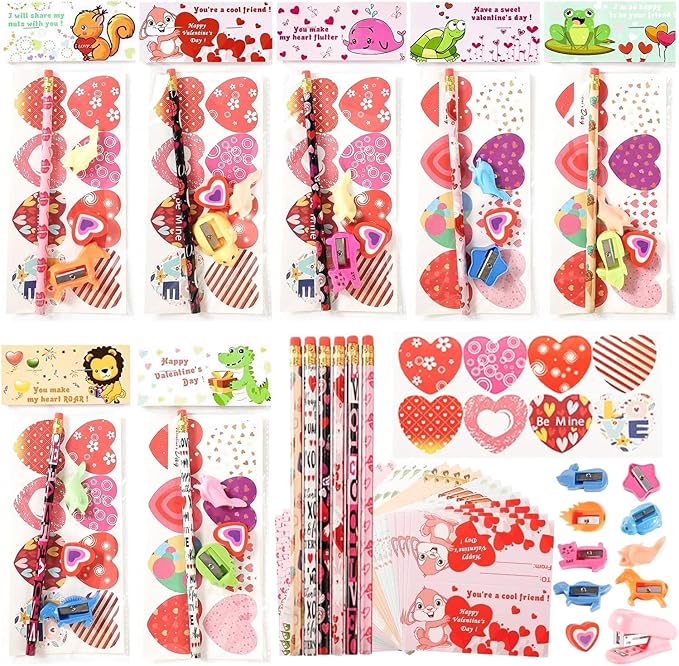 Valentine's Day Gifts for Kids Classroom - 28 Packs Super Value Stationery Kit, Cards, Pencils, Erasers, Pen Sharpeners, Holders, Exchange Party Favors Toys