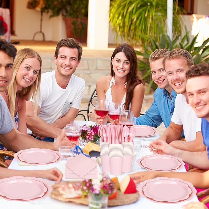 400 Pcs Pink Paper Plates and Napkins Set Party Supplies, Easter Party Tableware set for 50 Guest include Disposable Pink Scalloped Plates Napkins Knives Forks Spoons Cups for Baby Shower Wedding
