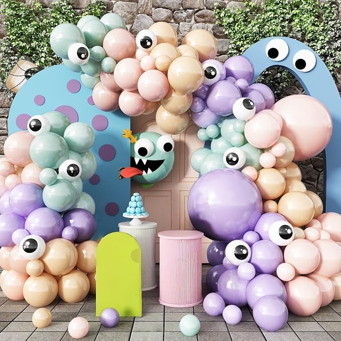 Monster Balloons Arch Kit, Pastel Green Pink Purple Balloon Garland Light Mint Green Pastel Orange Nude Balloons Eyeball Balloon for Monster Cartoon Party Inc Decorations Kids Birthday Party Supplies