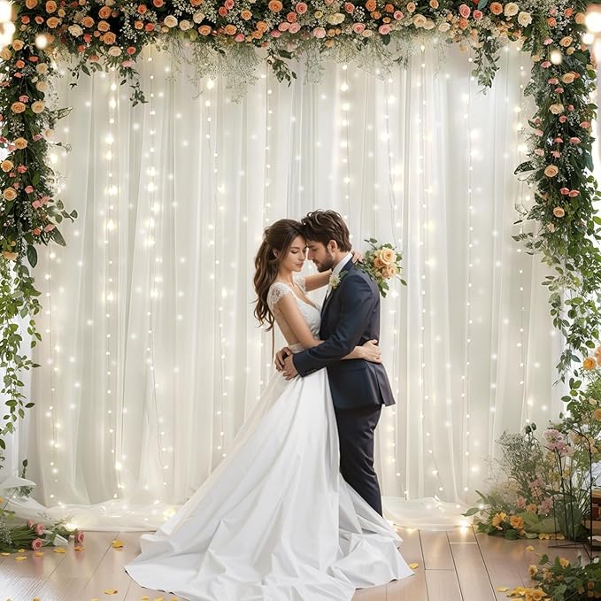 10x10ft Cream White Chiffon Backdrop Curtain with Lights String for Wedding Sheer Tulle Curtain Photo Backdrops Drapes for Baby Shower Birthday Party Home Ceremony Decorations