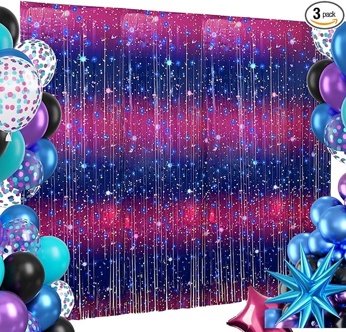 3 PCS Purple Galaxy Foil Curtains Backdrop for Space Themed Party Decorations, 3.3 x 6.6 ft Pink Tinsel Curtains, Foil Fringe for Photo Booth, Outer Space Birthday or Party