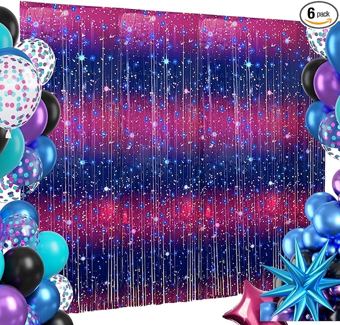6 PCS Purple Galaxy Foil Curtains Backdrop for Space Themed Party Decorations, 3.3 x 6.6 ft Pink Tinsel Curtains, Foil Fringe for Photo Booth, Outer Space Birthday or Party