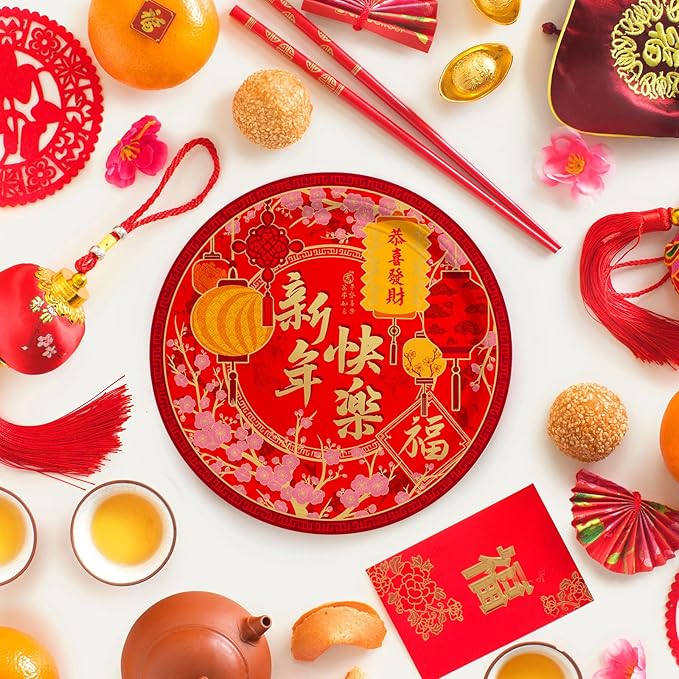 Chinese New Year Party Supplies Kit : Happy New Year Design Decorations Set with Disposable Lunch Plates,Dessert Paper Plates and Napkins- for Lunar New Year Celebrations Serves 50.