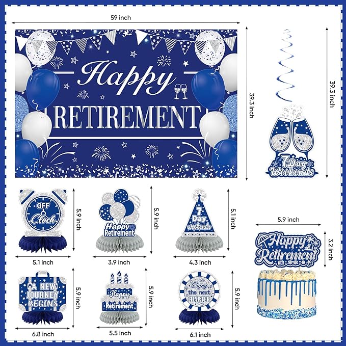 Retirement Party Decorations for Men Women Blue Silver Happy Retirement Banner Backdrop Honeycomb Centerpiece Cake Topper Hanging Swirl Set
