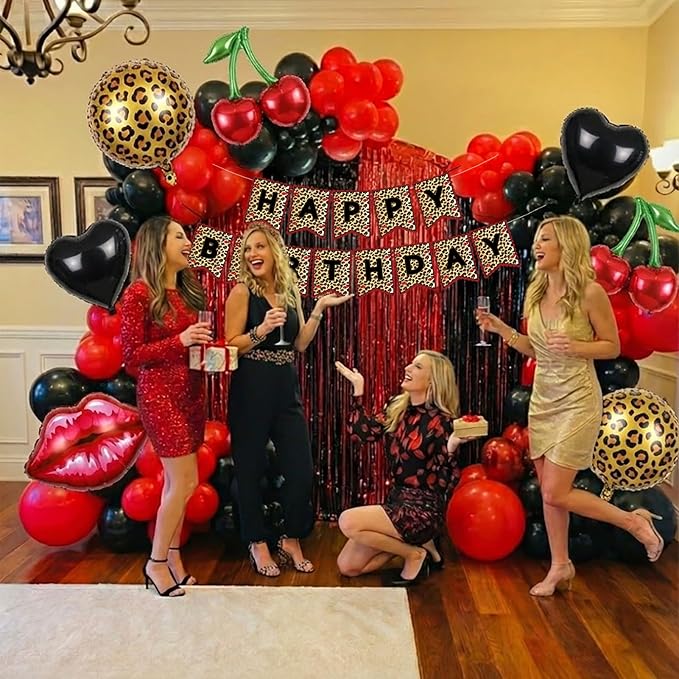 Leopard print party decorations with Red Black polka dot Balloon Arch & lips cherries black hearts foil balloons & banner foil Tinsel Fringe for Girls Woman cheetah print Birthday decorations (Red)