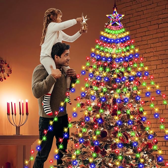 Christmas Decoration Lights, Outdoor Christmas String Lights 320 LED 11.5 Ft Waterfall Tree Light with Big Star Topper 8 Light Modes for Xmas New Year Holiday Garden Yard Indoor Outdoor Decor
