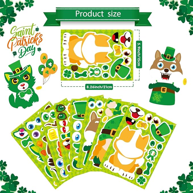 24 Sheets St Patrick's Day Stickers Mix and Match Make a Face Animal Stickers St Patrick's Day Party Favor Supplies, Art and Craft