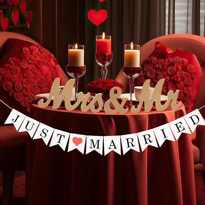 Mr & Mrs Wooden Letters, Just Married Banner, Head Table Wedding Decor - Anniversary, Valentine's Day, Vintage (Wood Color With Banner)