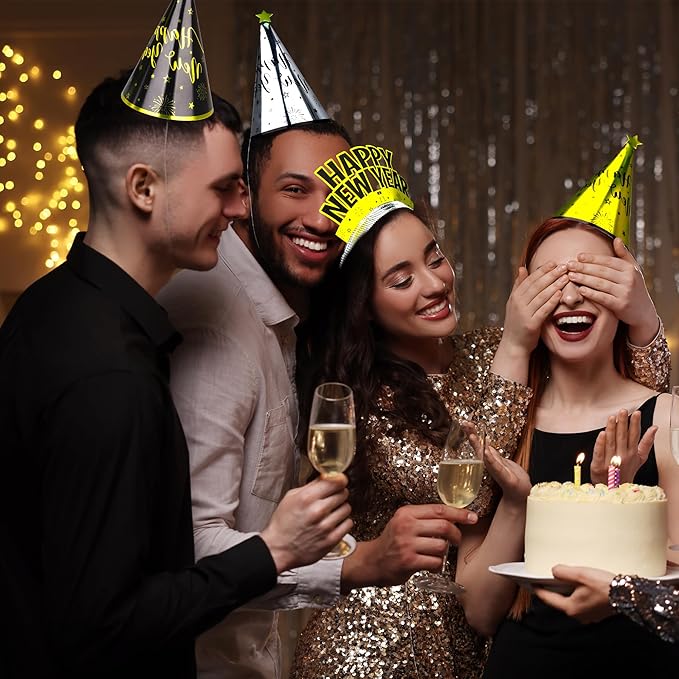 40PCS New Years Eve Party Supplies for 20 Guests, New Years Party Hats Headbands Blowouts Gold Black New Years Accessories, Tiaras Top Hat Friged NYE Noise Makers Cone Hat Horns for New Years Party