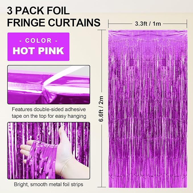 Homiest 3 Pack Hot Pink Tinsel Backdrop, 3.3x6.6 FT Metallic Tinsel Foil Fringe Curtains Party Decorations, Birthday Door Streamers for Baby Shower Wedding, Photo Booth Props Background Wall Decor