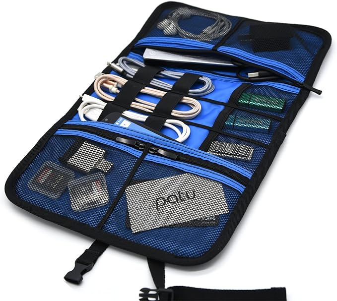 Patu Roll Up Electronics Accessories Travel Gear Organizer Case, Portable Universal External Batteries Hard Drives Cables Cosmetics Kit Bag, Navy