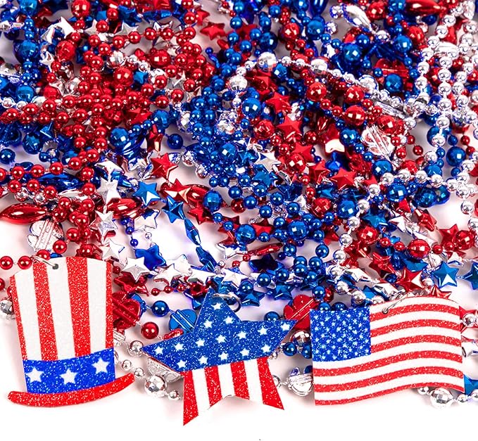Moon Boat 72PCS 4th of July Accessories Necklaces: Blue White and Red Beads Bulk, Patriotic Party Independence Memorial Day Favors Toys Decorations