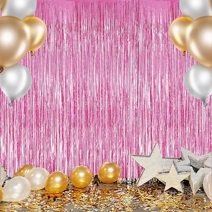 2 Pack Foil Fringe Backdrop - Pink Shiny Tinsel Curtains for Party Decoration/Photo Booth Props - 3.3x6.6 FT Metallic Foil Backdrop for Birthday, Wedding, Graduation, Christmas.