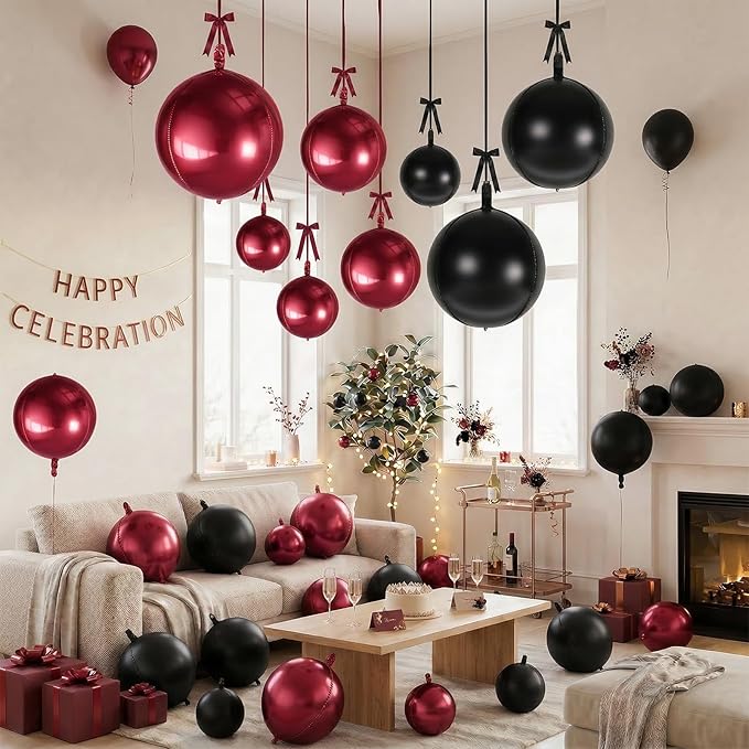 Togvu Black Burgundy Round Foil Balloons, 16PCS Different Sizes 4D Black Balloon Maroon Large Mirror Ball Balloons for Prom Graduation New Year Halloween Birthday Party Ceiling Decorations Supplies
