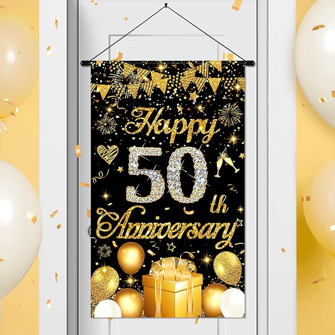 50th Anniversary Decorations Small Banner Black Gold Happy 50th Anniversary Door Hanging Banner Porch Front Door Decor for Women Men 50 Years Silver Wedding Anniversaries Party Cruise Sign Supplies