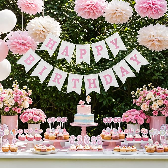 Happy Birthday Banner - Pre‑Strung Burlap Birthday Decorations and Reusable Birthday Sign for Men, Women & Kids | Party Supplies Backdrop (Pink)