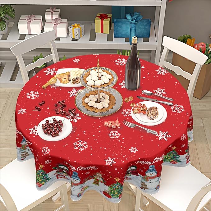 Christmas Round Tablecloth 70 Inch Xmas Snowman and Snowflake Pattern Circle Table Cloth Winter Table Cover Washable Polyester Decor for Home Kitchen Dinning Party