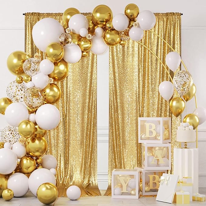 PartyDelight Gold Sequin Backdrop 5x10ft 2 Panels - High Density 3mm Shimmer Sequin Background Sparkly Photography Curtain for Wedding, Gala, Stage & Event Decor