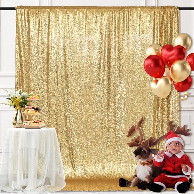 PartyDelight Gold Sequin Backdrop 8x8ft - High-Density 3mm Shimmer Sequin Background Sparkly Photography Curtain for Wedding, Gala, Professional Studio & Large Event Decor