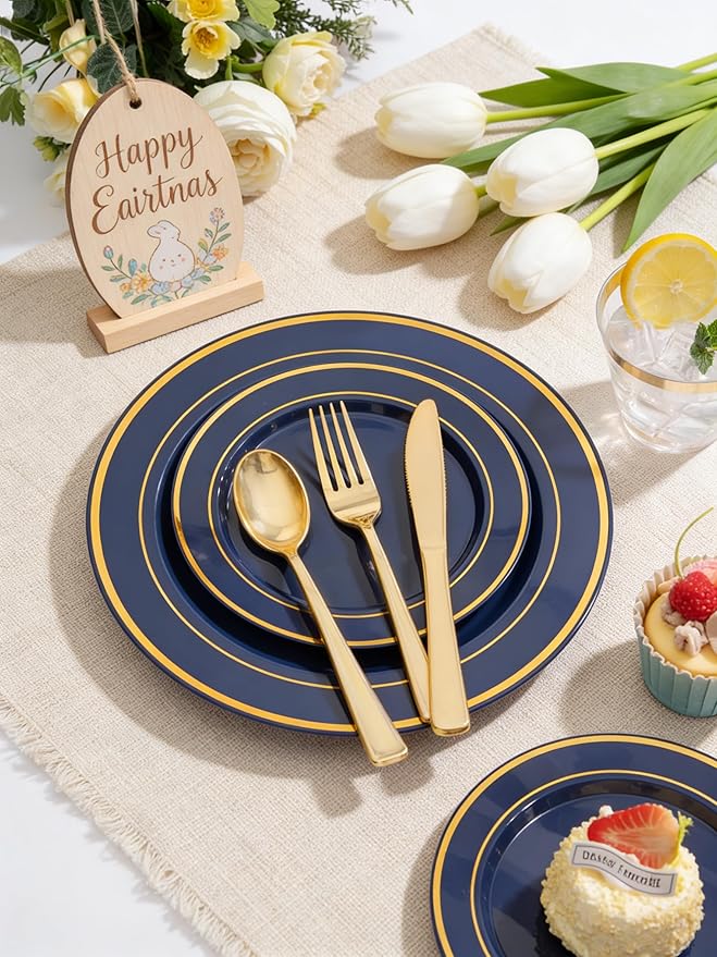 350PCS Navy Blue and Gold Plastic Plates with Rolled Napkins Include Dinner Plate 10’’, Dessert Plate 7’’, gold Cups 9 OZ, Pre Rolled Napkins for Passover/Birthday/Wedding/Easter