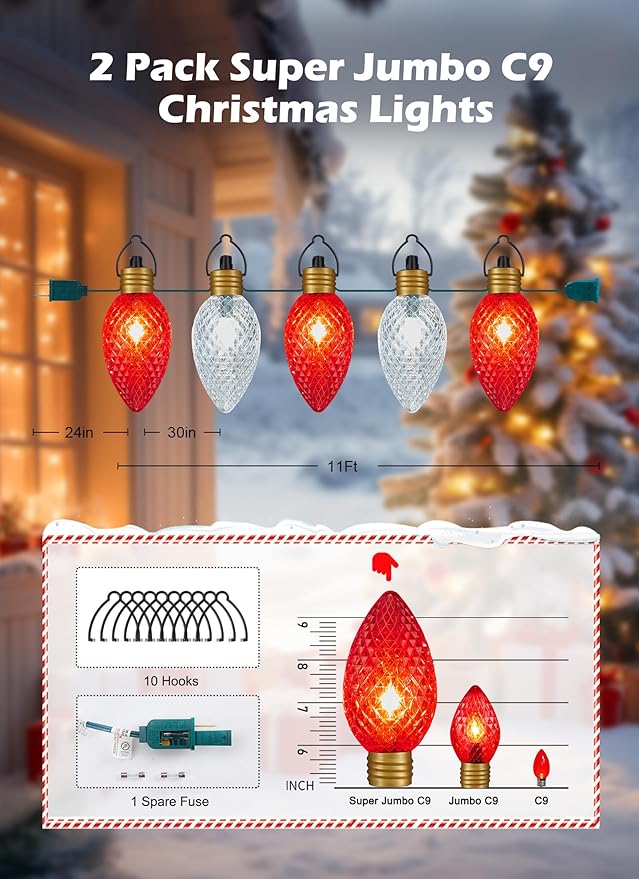 2 Pack 11Feet 5 LED Super Jumbo Christmas String Lights, Outdoor Xmas Decorations - Jumbo C9 Hanging Lights Waterproof Lawn Dec for Holiday Home Tree Roof Yard, Red & White