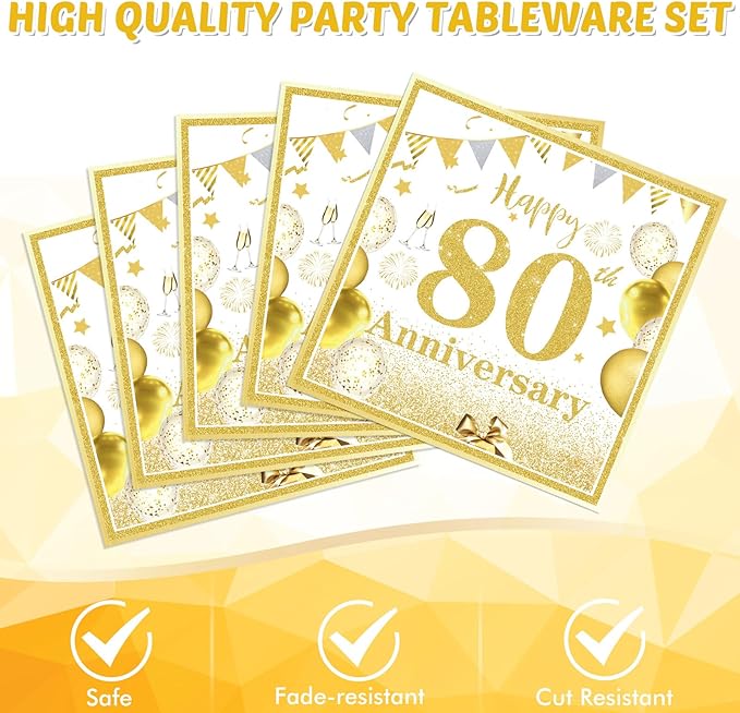 41PCS Gold Party Decorations 80th Party Tableware Set 1945 80th Theme Birthday Party Table Decoration Supplies Cheers to 80 Years Paper Plate Napkin Tablecloth for Wedding Anniversary Party Supplies