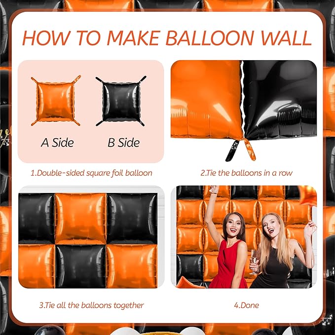 50 Pcs Black and Orange Square Foil Balloons Wall Backdrop, 19 Inch Reusable Mylar Basketball Balloons DIY Double Sided Tunnel Arch Kit for Birthday Graduation Basketball Party Baby Shower Decorations