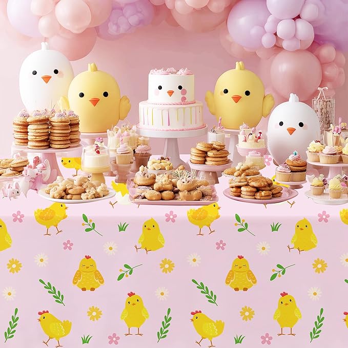 Chicken Party Decorations Tablecloth for Kid's Birthday Baby Shower, 3pcs Disposable Farm Animal Barnyard Pink Little Chick Birthday Party Supplies Tablecover, 86in x 55in