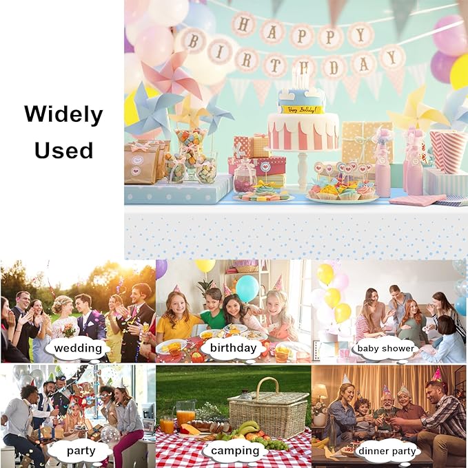 12 Pack White and Light Blue Tablecloth Party Decorations Plastic White Tablecloth Printed Light Blue Table Runner 54 x108 Inch Disposable Rectangle Table Cover for Birthday Graduation