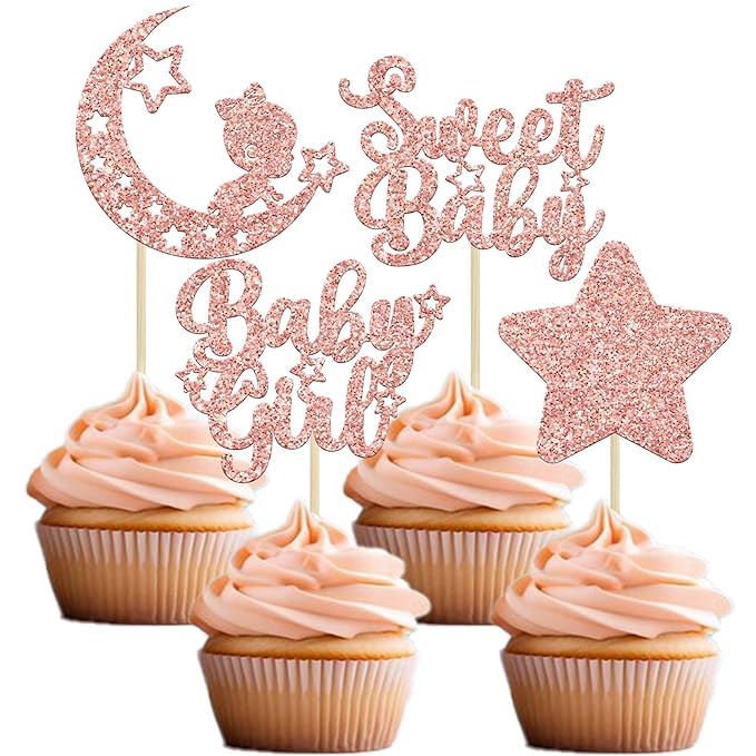 Gyufise 24Pcs Rose Gold Baby Girl Cupcake Toppers Glitter Star Moon Baby Shower Gender Reveal Cupcake Picks Baby Shower Kids Girls Birthday Party Cake Decorations Supplies