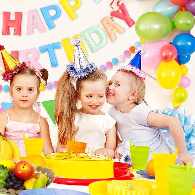 CANREVEL Pre-Strung 3D Happy Birthday Banner, 3 PCS Pastel Felt Garland, Pom Pom Garland, Triangle Fabric Bunting, Reusable Pastel Birthday Decorations for Women Girl
