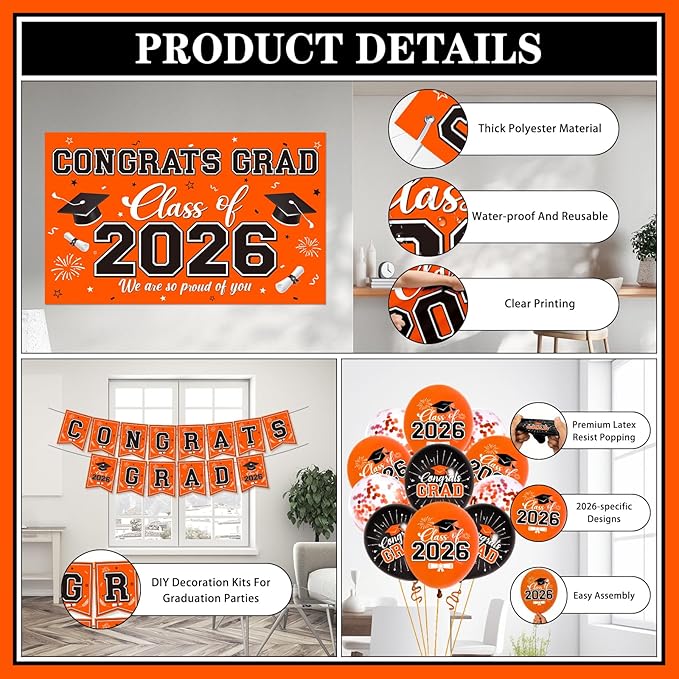 Graduation Decorations 2026 Orange Party Decor Set with Congrats Grad Banner, Class of 2026 Backdrop, Balloons, Box & Streamers Supplies for High School & College Celebrations